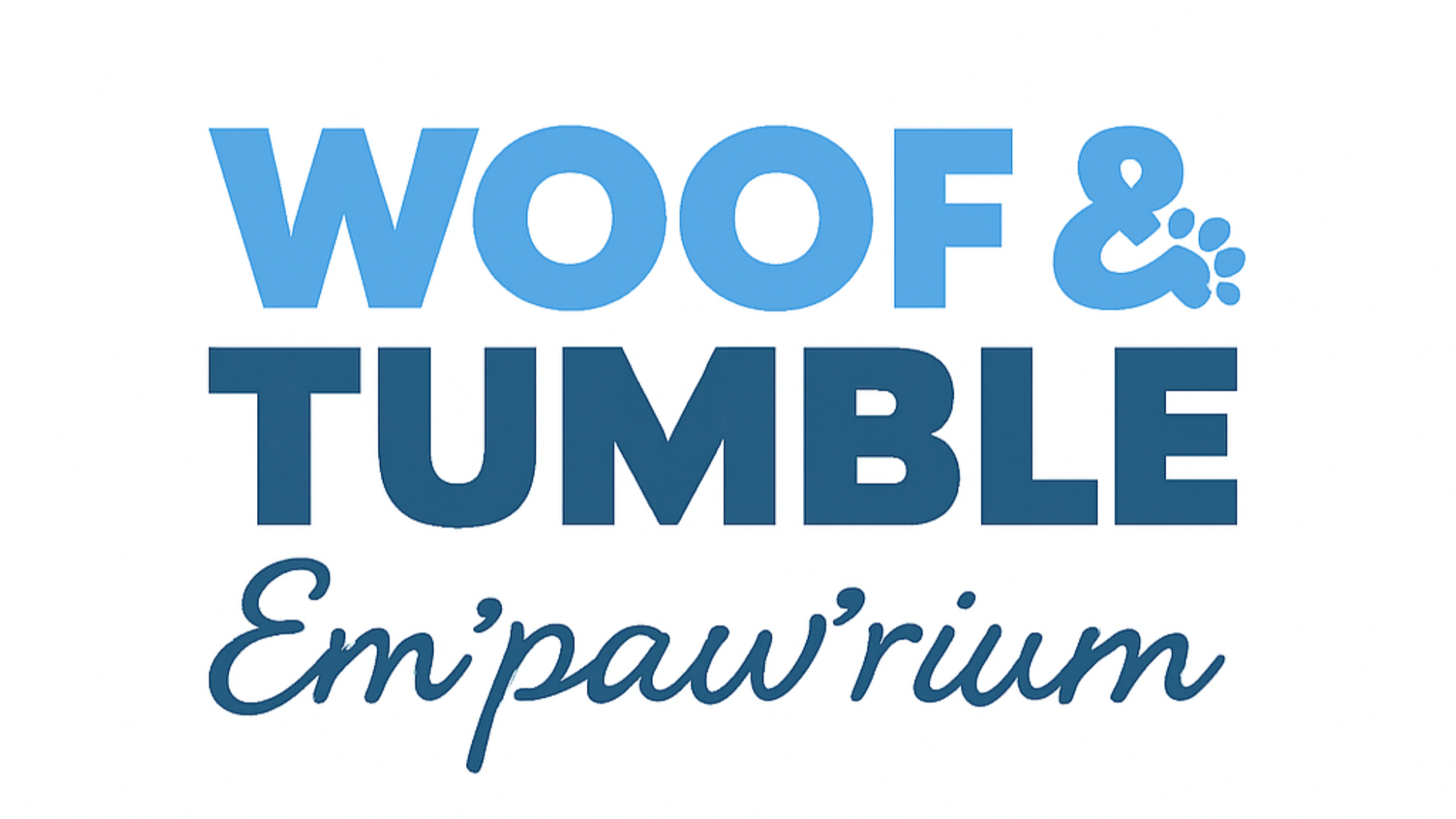 Logo of 'Woof & Tumble Em'paw'rium' with paw print on a white background